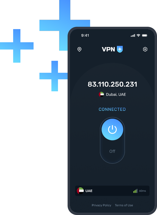 VPN+ mobile app showing download and upload speeds with a connected status